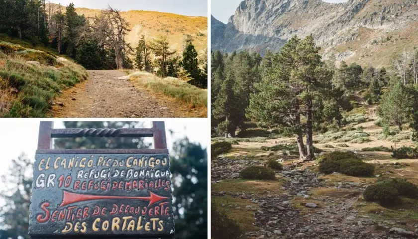 Sentier de découverte vers le pic du Canigou, idéal pour une randonnée d'un jour. Paysages de montagne et signalisation GR10.