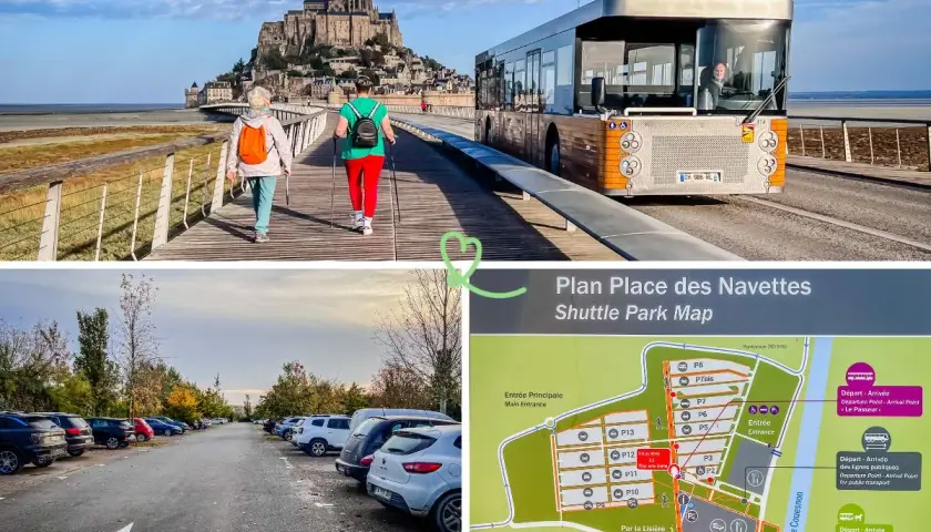 Vue du parking camping-car Mont Saint-Michel. Navettes, plan et accès au Mont.