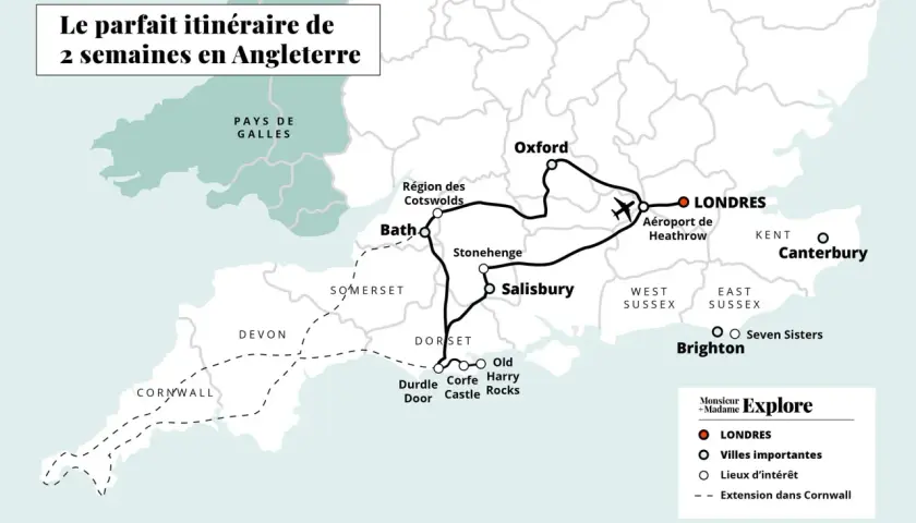Carte d'un road trip en Angleterre, incluant Londres, Oxford, Bath, Stonehenge, Salisbury, et une extension en Cornouailles.
