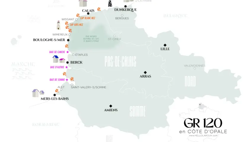 Carte du GR 120 en Côte d'Opale, Hauts-de-France. Points d'intérêt : Calais, Boulogne-sur-Mer, Baie de Somme, Dunkerque, Lille.