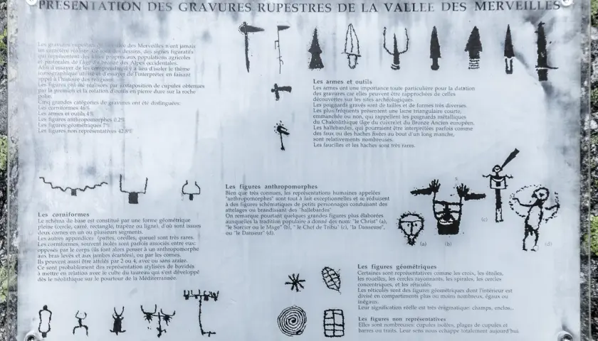 Gravures de la **vallée des Merveilles** : armes, figures humaines stylisées, formes géométriques et non représentatives.