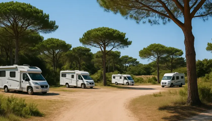 Plusieurs camping-cars blancs stationnés sur une aire de repos ombragée par des pins, un cadre idéal pour une aire camping car ile de ré.