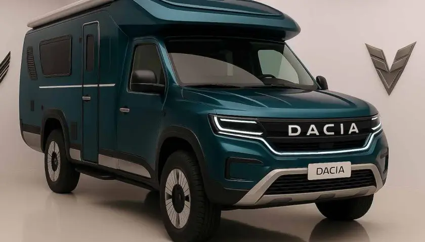 Un camping-car Dacia vert émeraude, prêt pour l'aventure.