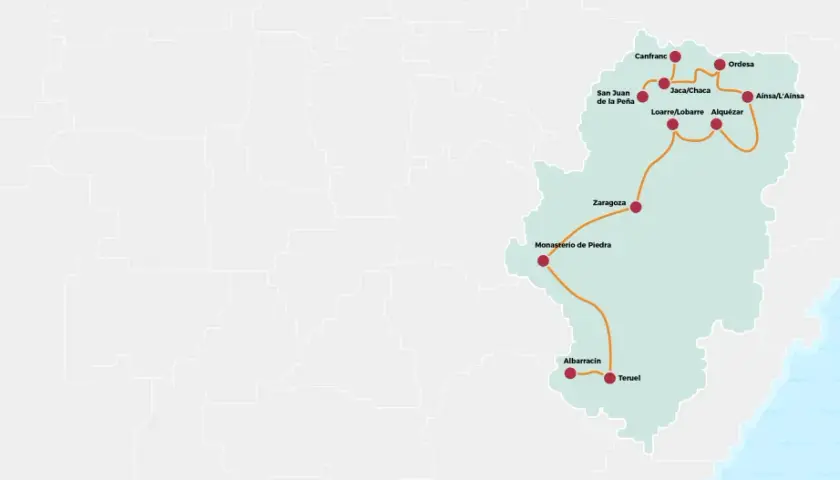 Carte d'un circuit touristique en Aragon, Espagne, reliant Zaragoza, Teruel, Albarracín, Monasterio de Piedra, Ordesa, Jaca, Canfranc, Loarre, Alquézar, Ainsa et San Juan de la Peña.
