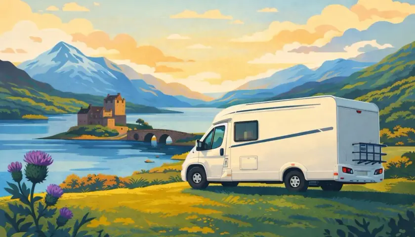 Un camping-car blanc stationné près d'un lac écossais, avec un château et des montagnes en arrière-plan.