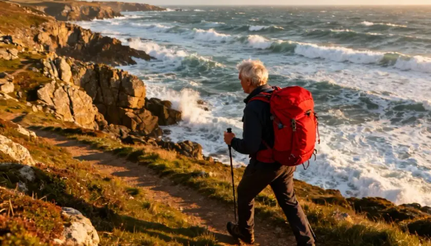 Un homme avec un sac à dos rouge profite d'une randonnée boucle 4 jours facile le long d'une côte rocheuse battue par les vagues.