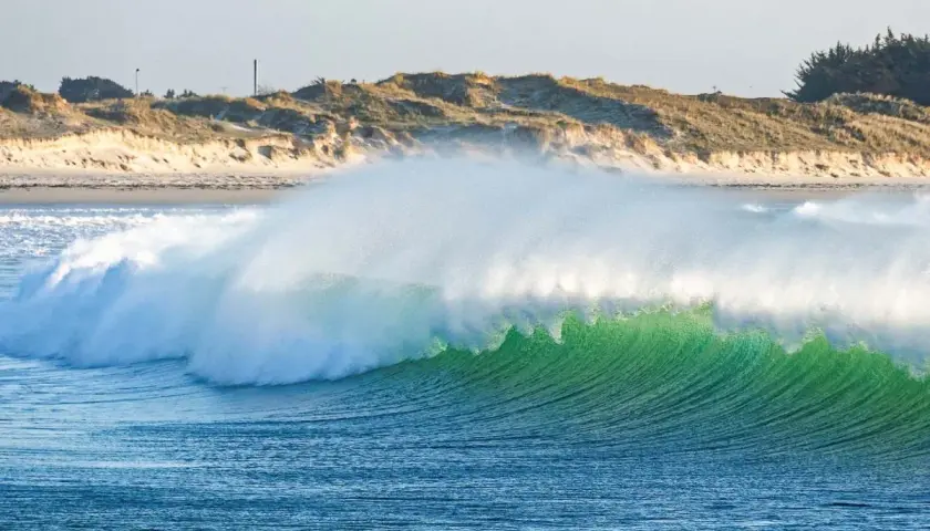Vague verte et transparente, comme la pointe de la torche, déferlant sur une plage de sable et de dunes.
