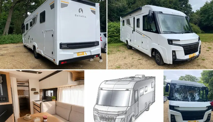 Vue extérieure et intérieure d'un camping-car Bavaria. Le visuel inclut un croquis technique, idéal pour une fiche technique camping-car Pilote.