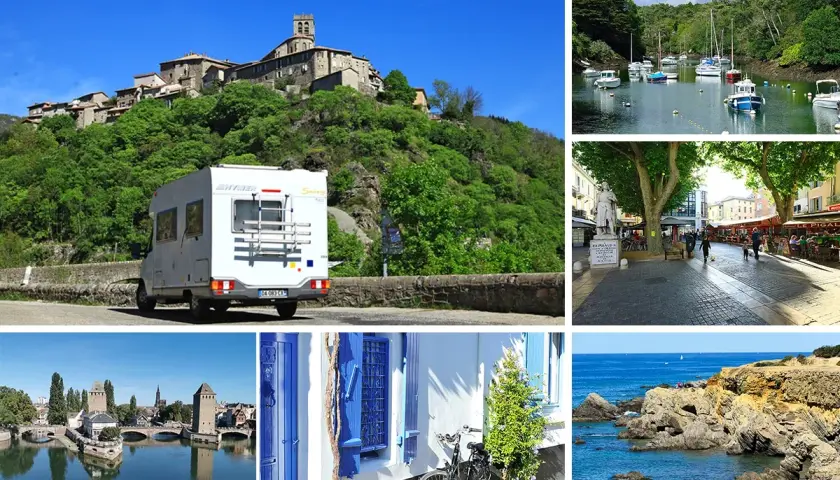 Un camping-car blanc devant un village perché, un port de plaisance, une place animée, Strasbourg et une côte rocheuse. Des images pour les plus beaux circuits camping-car.