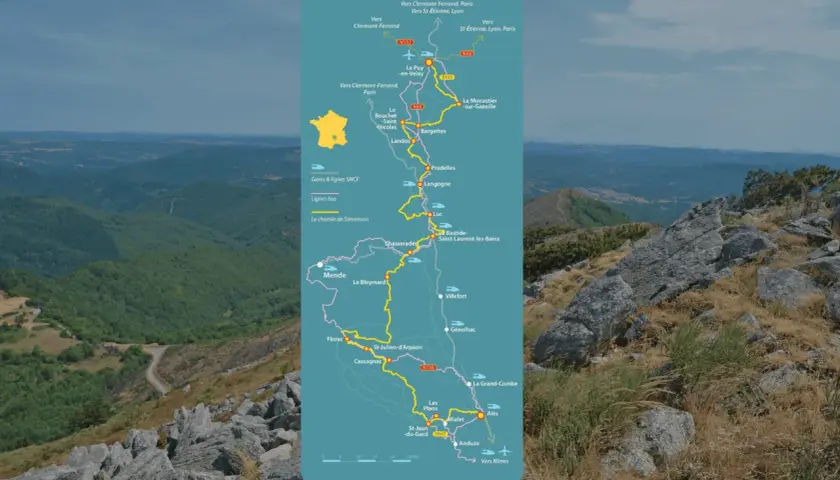 Carte du chemin de Stevenson, un itinéraire de randonnée de 4 jours à travers la France, avec les gares et lignes de bus.