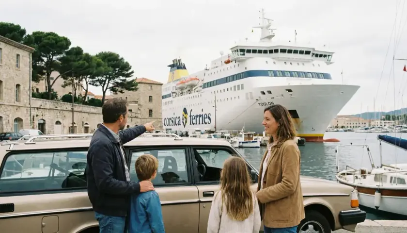 Famille devant un ferry Corsica Ferries, discutant du prix du ferry Corse pour camping-car.