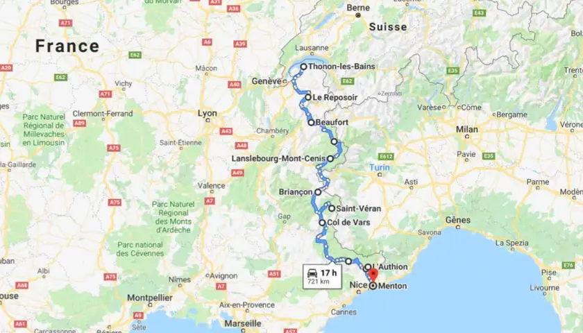 Carte de la route des Grandes Alpes en voiture, de Thonon-les-Bains à Menton, traversant la Suisse et l'Italie. 721 km, 17h de trajet.