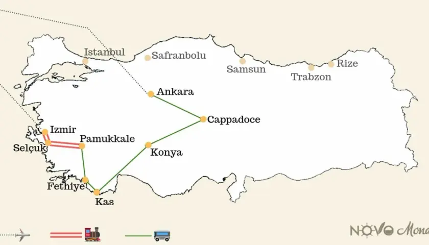 Carte des destinations clés pour le tourisme en Turquie : Istanbul, Cappadoce, Pamukkale, et la côte. Idéal pour planifier votre voyage.