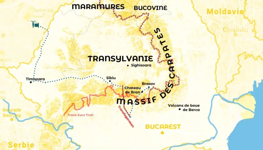 Carte de la Roumanie montrant les Carpates, la Transylvanie, Maramures, Bucovine, et des villes comme Bucarest. Idéal pour visiter la Roumanie.