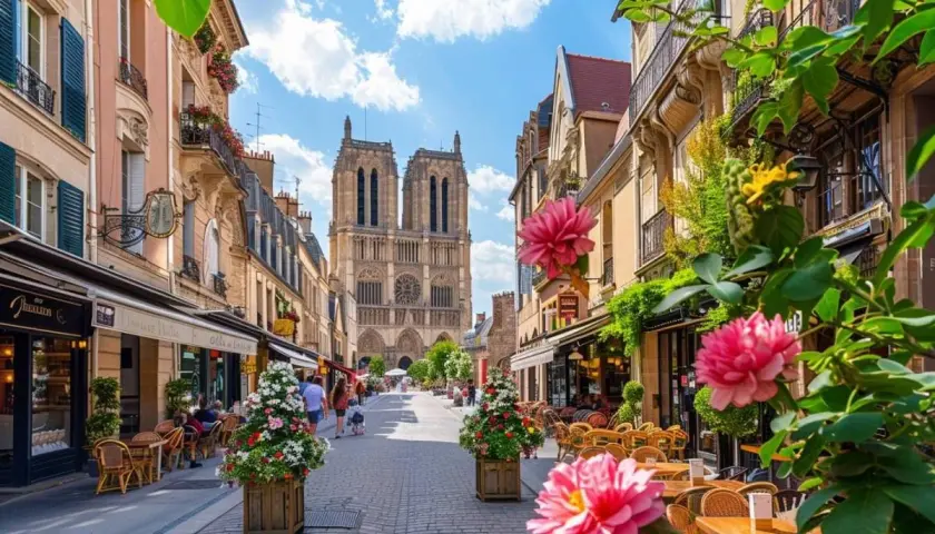 Rue animée de Laon, menant à la cathédrale. Tables de café fleuries, ambiance estivale.