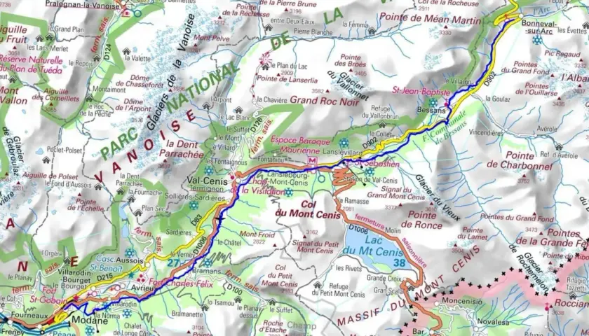 Carte IGN de la Maurienne, montrant le parcours de l'étape GR5, avec des cols, glaciers et sommets.