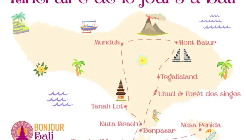 Carte de Bali indiquant les lieux à visiter : Mont Batur, Ubud, Kuta Beach, Tanah Lot. Idéal pour savoir que faire à Bali.