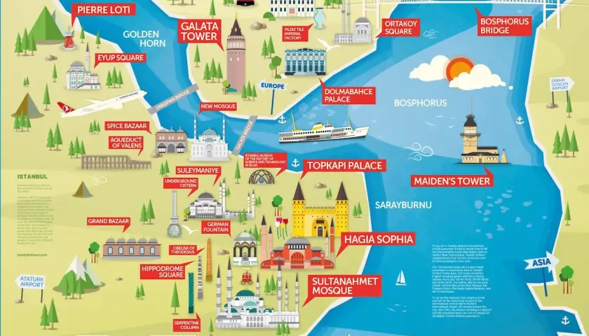 Carte d'Istanbul : découvrez que faire à Istanbul, entre mosquées, palais et Bosphore.