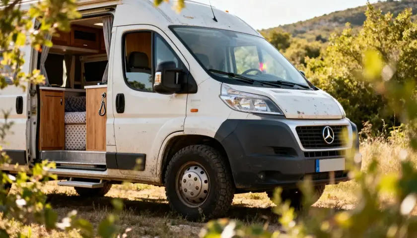 Un camping-car blanc, prêt pour l'aventure, avec sa porte ouverte révélant un intérieur cosy. Ce véhicule de marque camping car est garé en pleine nature.