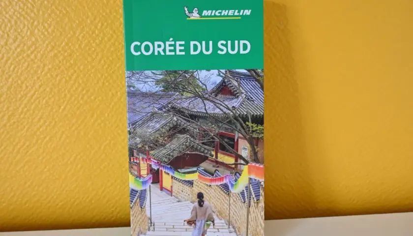 Guide Michelin "Corée du Sud" pour le voyageur en camping-car. Une jeune femme monte un escalier bordé de lanternes colorées.