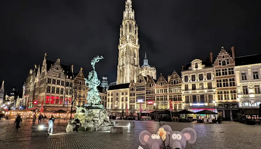 Deux souris en peluche posent devant la cathédrale d'Anvers illuminée la nuit, un moment parfait pour visiter Anvers.