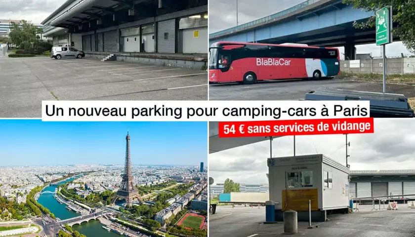 Nouveau parking pour camping-cars à Paris, vue aérienne de la Tour Eiffel. 54€ sans services de vidange.