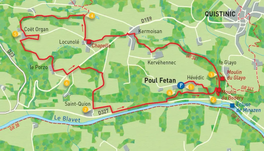 Carte de randonnée de Poul Fetan, avec un itinéraire balisé en rouge traversant des lieux-dits, des moulins et le Blavet.
