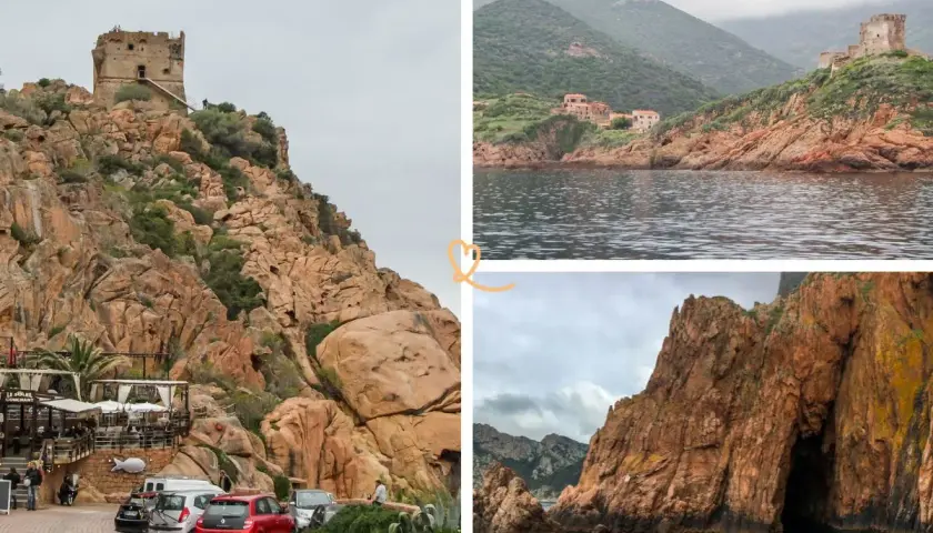 Vue de la tour génoise et des roches rouges spectaculaires de Porto Corse. La mer calme reflète le ciel couvert.