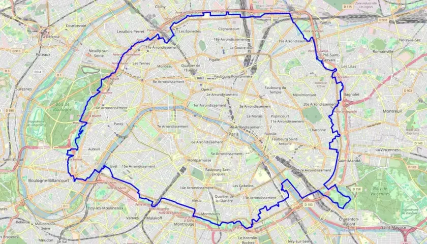 Carte de Paris délimitant un périmètre bleu, incluant le Bois de Boulogne et le Bois de Vincennes. La gr 75 est visible.
