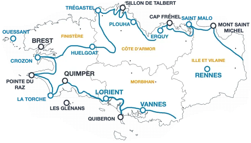 Carte des routes touristiques en Bretagne, idéale pour un voyage en camping-car. Découvrez Brest, Quimper, Rennes, Saint-Malo et le Mont Saint-Michel.