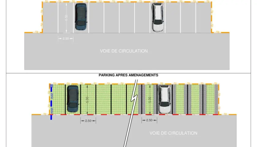 Plan de parking avant/après aménagements. La hauteur d'un camping-car capucine est prise en compte pour le stationnement.