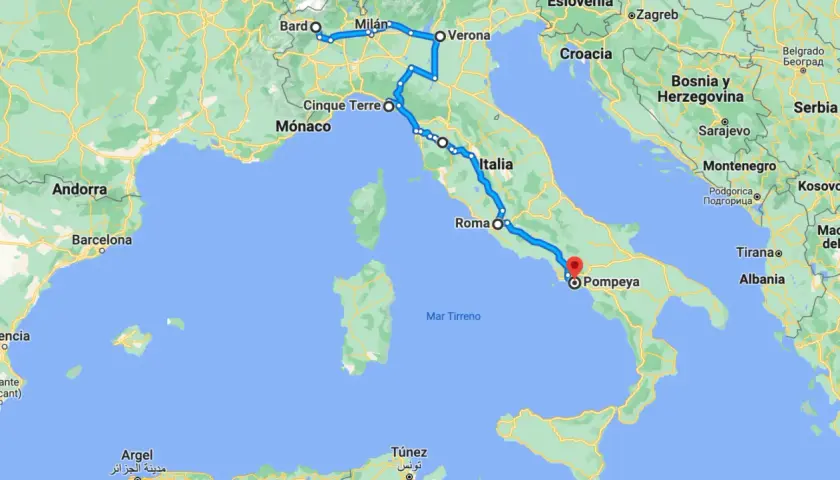 Carte d'un circuit camping-car en Italie du Nord, passant par Bard, Milan, Vérone, Cinque Terre, Rome et Pompéi.