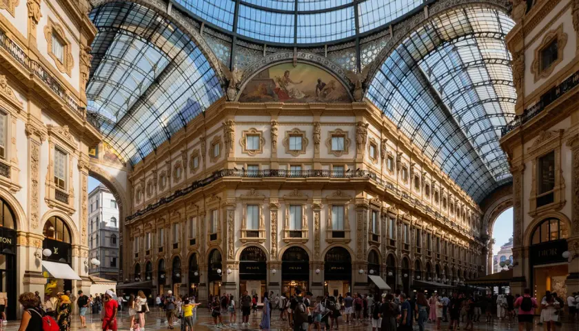 La Galleria Vittorio Emanuele II, un lieu emblématique pour savoir que faire à Milan. Architecture somptueuse, boutiques de luxe et foule animée sous la verrière.