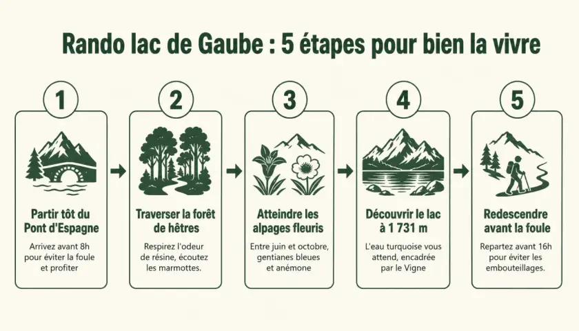 Rando lac de Gaube : 5 étapes pour bien la vivre. De Pont d'Espagne à la découverte du lac, en passant par la forêt et les alpages fleuris.