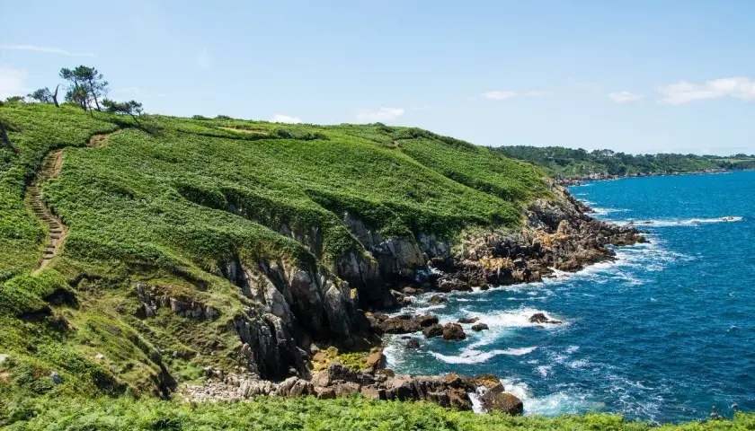 Sentier côtier verdoyant, le chemin des douaniers à Saint-Malo serpente le long de falaises rocheuses battues par la mer d'un bleu intense.