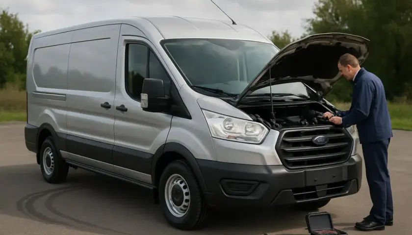 Un mécanicien vérifie le moteur d'un Ford Transit 2.0 TDCI 170 ch, symbolisant sa fiabilité. Outils et boîte à outils à proximité.