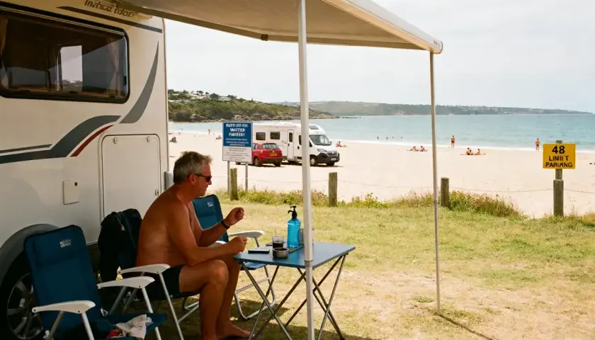 Un homme profite de son camping-car naturiste au bord de la plage, avec la mer et d'autres campeurs en arrière-plan.