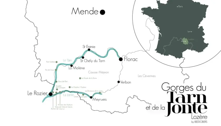Carte des Gorges du Tarn et de la Jonte, montrant les villages, points d'intérêt et la région Lozère en France.