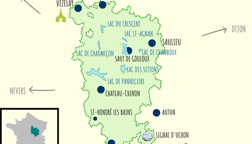 Carte du Parc du Morvan, idéale pour visiter le Morvan en 3 jours. Elle indique lacs, villes et sites touristiques.