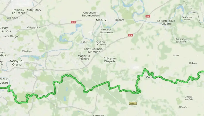 Carte GR 14 : itinéraire vert serpentant de Saint-Maur-des-Fossés vers l'est, traversant forêts et villages comme Crécy-la-Chapelle.