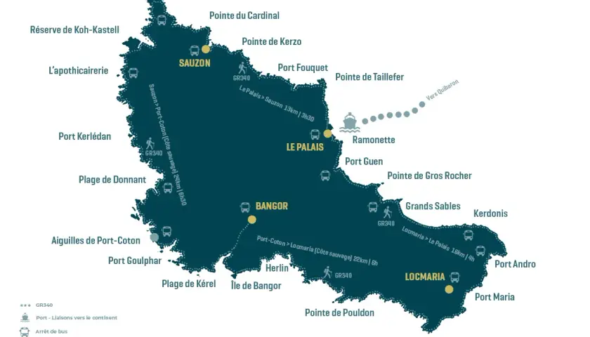 Carte de Belle-Île-en-Mer : découvrez les villages, arrêts de bus, sentiers GR340 et liaisons maritimes pour explorer ce joyau.
