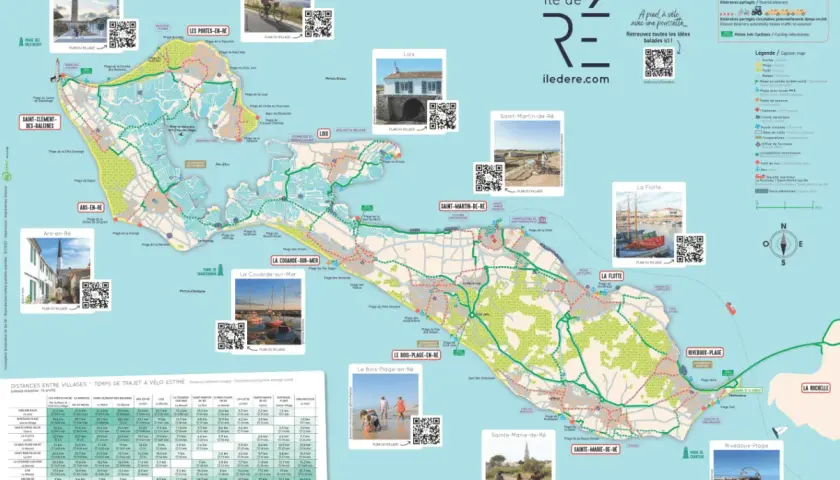 Carte de l'Île de Ré avec pistes cyclables, villages et légendes pour savoir que faire à l'Île de Ré à vélo ou à pied.
