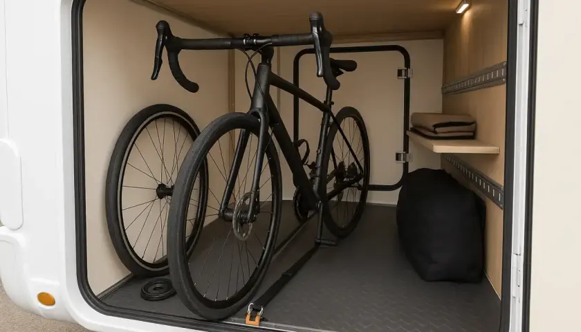 Comment fixer vélo dans soute camping car : un vélo noir est attaché au sol avec des sangles dans la soute d'un camping-car. Une roue est détachée.