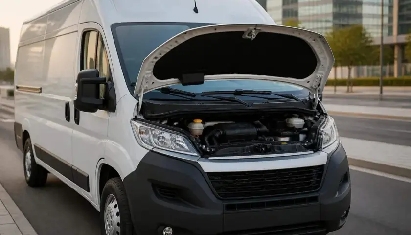 Un Fiat Ducato 2.2 Multijet 140 CV avec le capot ouvert, révélant son moteur. Avis sur ce véhicule utilitaire.