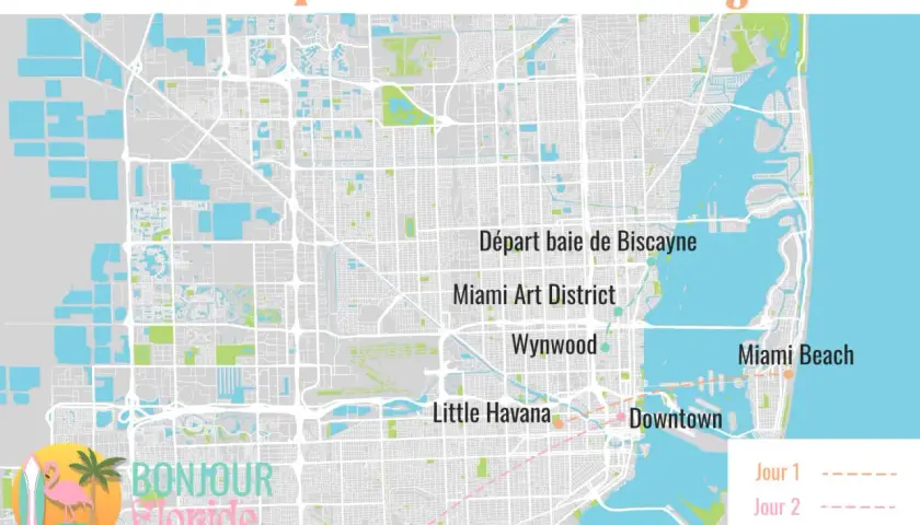 Carte d'itinéraire pour Miami en 3 jours : départ de la baie de Biscayne, visite du Miami Art District, Wynwood, Little Havana, Downtown et Miami Beach. Idéal pour savoir que faire à Miami.