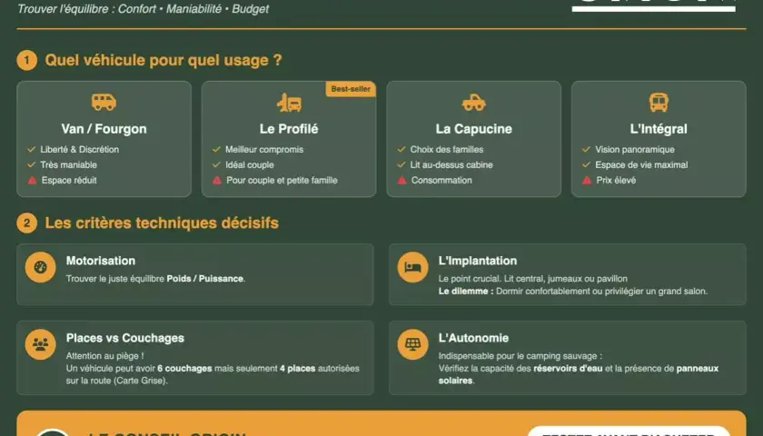 Guide d'achat pour choisir son camping-car baroudeur : Van, Profilé, Capucine ou Intégral. Critères : motorisation, places, implantation, autonomie.
