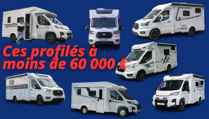 Aperçu du marché du camping-car : plusieurs profilés blancs, certains avec des hommes, sont présentés. Idéal pour trouver votre prochaine aventure !