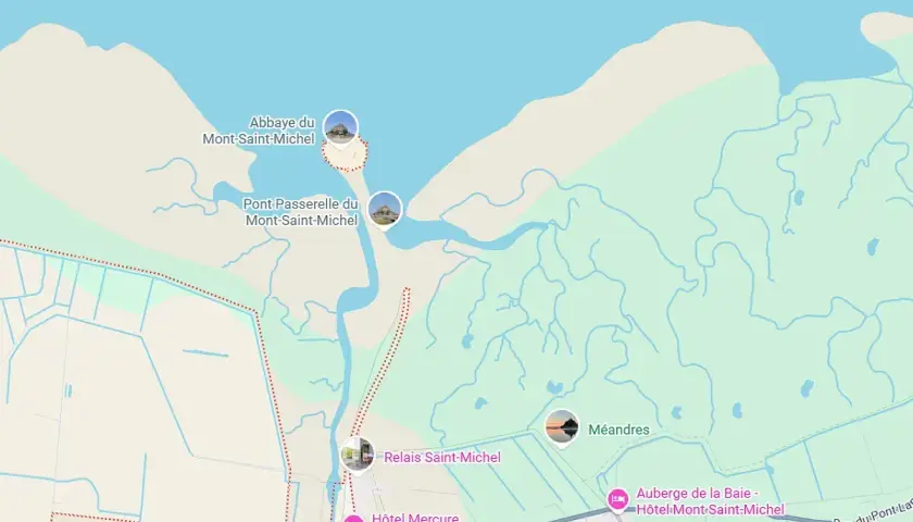 Carte de la région de Dinard et du Mont Saint-Michel, montrant l'abbaye, la passerelle, des hôtels et des méandres.