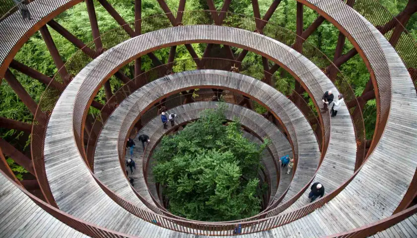 Une promenade en spirale en bois dans une forêt, une idée de que faire au Danemark pour admirer la nature d'en haut.