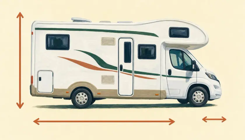 Illustration d'un camping-car blanc avec des bandes vertes et orange. Des flèches indiquent la hauteur et la largeur d'un camping car.